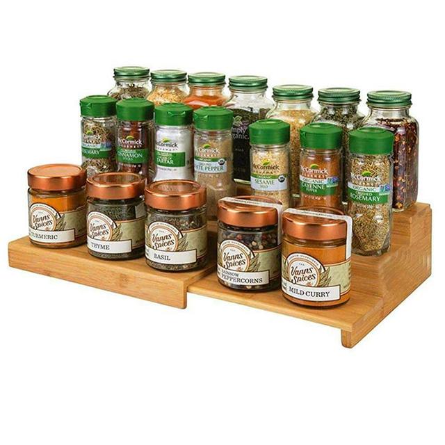 YCOCO 3 Tier Expandable Cabinet Spice Rack Organizer,8.75~15.5 Inch,Kitchen Cabinet and Pantry Bamboo Step Rack for Jars, Seasonings and Spice Bottles