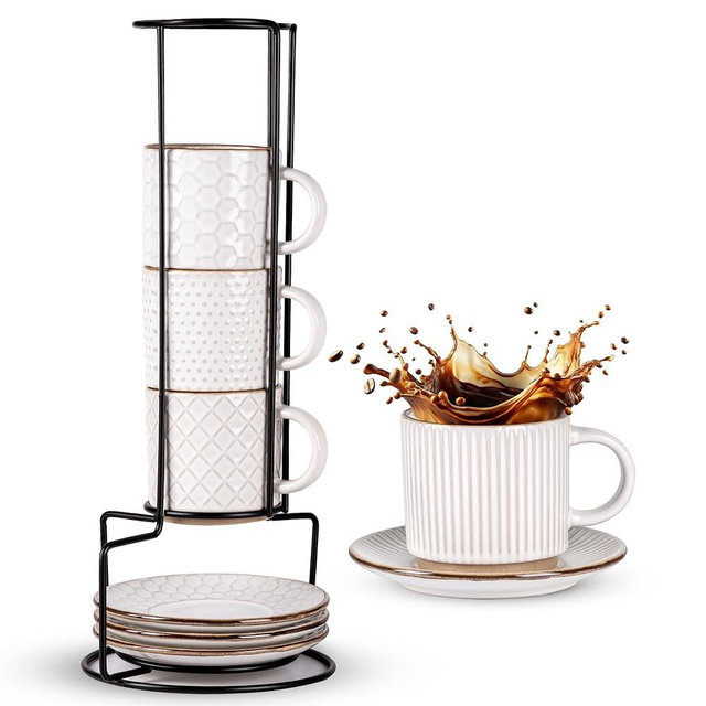 GBhome 6OZ Stackable Coffee Mugs with Stand and Saucer, Ceramic Coffee Mugs Set of 4 with Texture Patterns for Man,Woman,Dad,Mom, Modern Coffee Cups for Latte/Espresso. Dishwasher&Microwave Safe