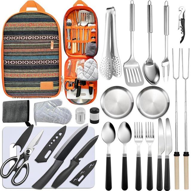Bsotas Camping Cooking Utensils Set - Camping Utensil Set Car Camping Cooking Essentials Gear for Camp Kitchen Cooking and Grilling, Stainless Steel & Silicone Ideal Gift for RV Tent Camper
