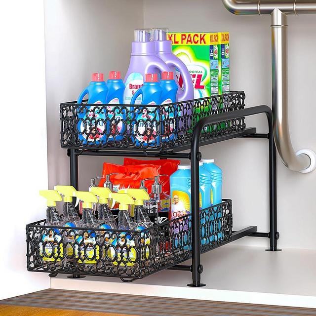 FORESTSUN Cabinet Pull Out Organizer, 2-Tier Under Sink Organizer with Sliding Storage Drawer, Non-slip Metal Pull Out Shelves for Bathroom, Kitchen,Cabinets, Countertops