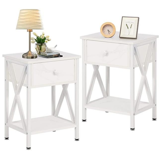 VECELO End Table,Modern Night Stand with Drawer& Shelf, Set of 2 Nightstands for Bedroom Living Room Office, 2 PCS, White
