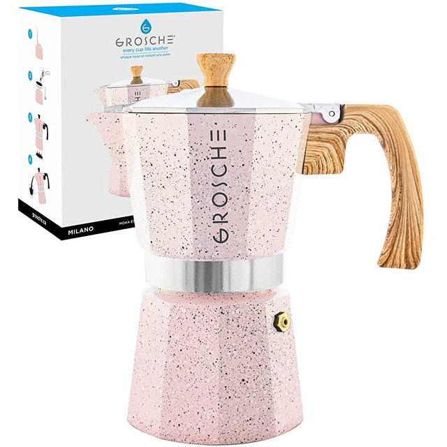 GROSCHE Milano Moka pot, Stovetop Espresso maker, Greca Coffee Maker, Stovetop coffee maker and espresso maker percolator (Pink, 6 cup)