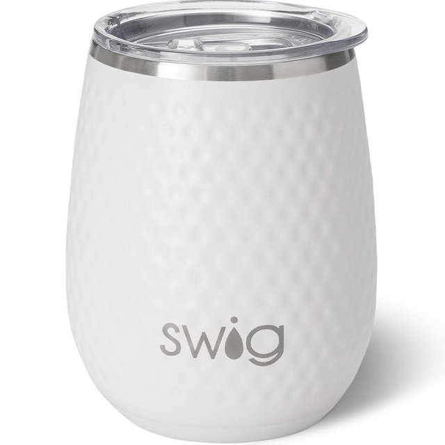 Swig Life 14oz Stemless Wine Cup, Insulated Wine Tumbler with Lid, Stainless Steel Travel Tumbler (Golf Ball)