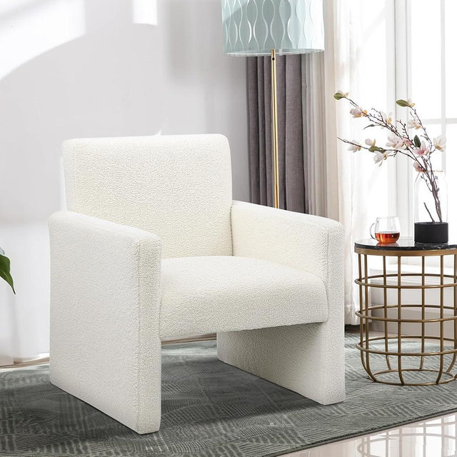 FUNKEEN Modern Accent Chair for Living Room, White Reading Chair for Bedroom, Upholstered Armchairs with Solid Wood Comfy Sherpa Lounge Chair for Apartment, Office