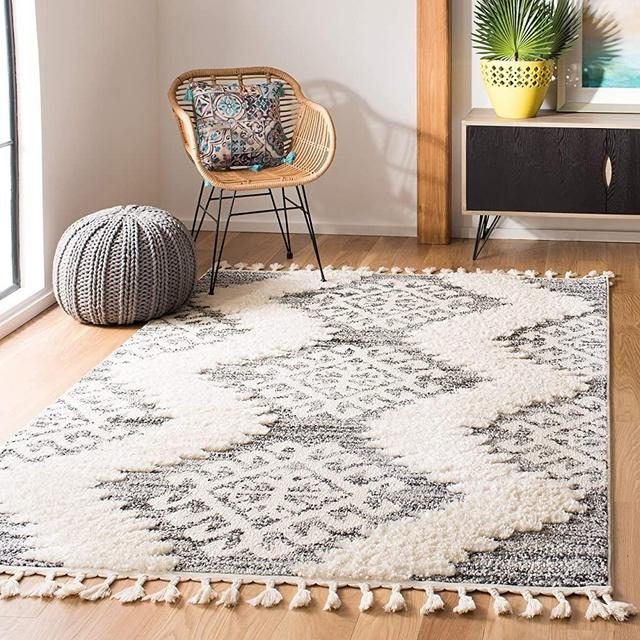 Safavieh Moroccan Tassel Shag Collection MTS652F Area Rug, 5' 3" x 7' 6", Ivory/Grey