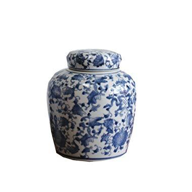Creative Co-op Blue & White Ceramic Ginger Jar with Lid