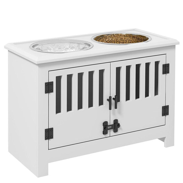 PawHut Large Elevated Dog Bowls with Storage Cabinet - 37L Capacity, Raised Dog Bowl Stand Feeding Station, White
