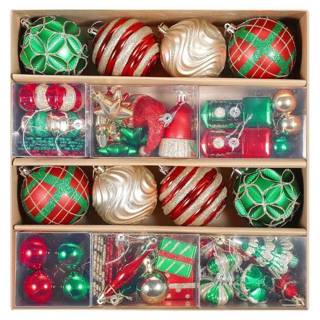 Christmas Ball Ornaments Set, 71ct 80mm Elegant Red Green and Gold Assorted Xmas Tree Ball Ornaments, Shatterproof Christmas Tree Hanging Ornaments for Xmas Decoration