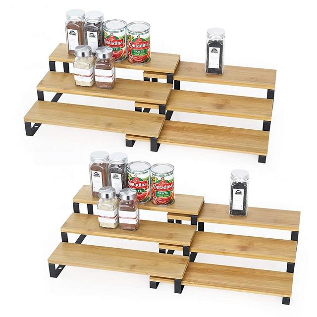 MOOACE 3 Tier Expandable Spice Rack Set, Set of 4, Step Shelf Organizer for Cabinet Countertop Pantry