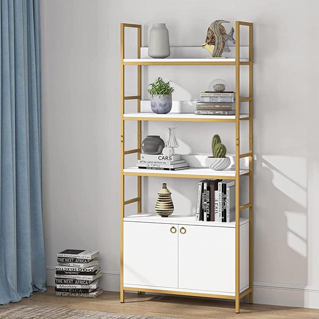 Tribesigns Gold Bookcase, 4-Tier White Etagere Standard Bookshelf with Storage Cabinet, Modern Book Shelves Display Shelf with Door for Home Office, Gold