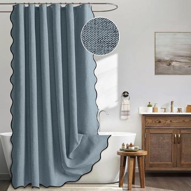 MIULEE Dusty Blue Scalloped Shower Curtain Linen Textured with 12 Metal Hooks Cute Heavy Duty Washable Waterproof Thick Cloth Shower Curtains with Black Border for Bathroom Hotel Bathtub,W72*L72