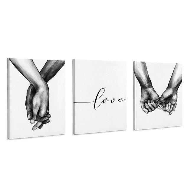 Framed Love and Holding Hands Wall Art Canvas Print Poster Black and White Couple's Sketch Art Drawing Decor for Living Room Bedroom (3 Panels, 12 x 16 inch)