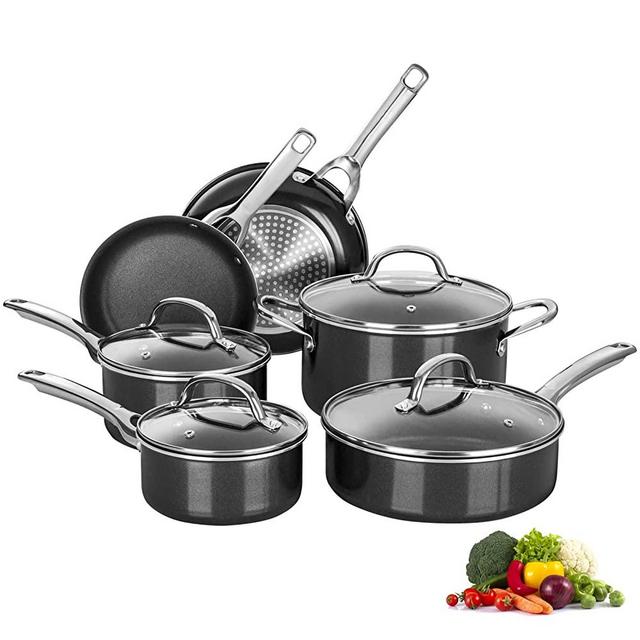 Nonstick Cookware Set 10 Piece, Induction Pots and Pans Set Non Stick, Frying Pan Set for First or New Apartment, Dishwasher Safe Cooking Pans for Cooking, Suitable for All Stoves, Black