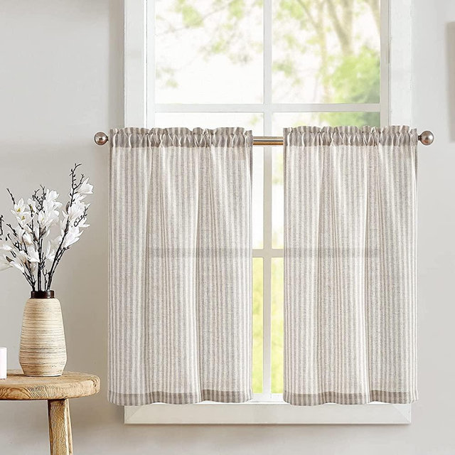 JINCHAN Kitchen Curtains Striped Tier Curatins Linen Curtains Cafe Curtains 24 Inch Length for Living Room Bedroom Bathroom Farmhouse Country Rustic Curtains Rod Pocket 2 Panels Grey on Beige