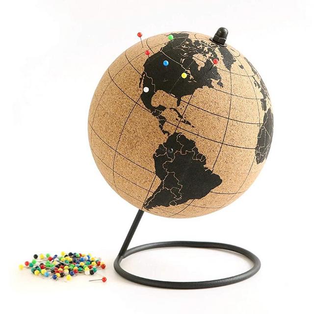 Globe Trekkers - Mini Cork Globe with 50 Different Colored Push Pins & Durable Stainless Steel Base | Great for Mapping Travels & Educational Purposes | Does Not Have Plastic Strip Like Most