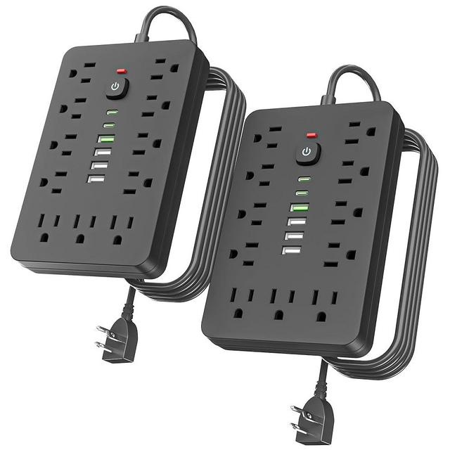 JouleLoom 2PCS 6 FT Flat Plug Surge Protector Power Strip,11 Multiple AC Outlets with 6 USB Ports (2 USB C), 6 Feet Extension Cord, 1250W/10A, One Touch Switch Button, 17 in 1 Compact powerstrip