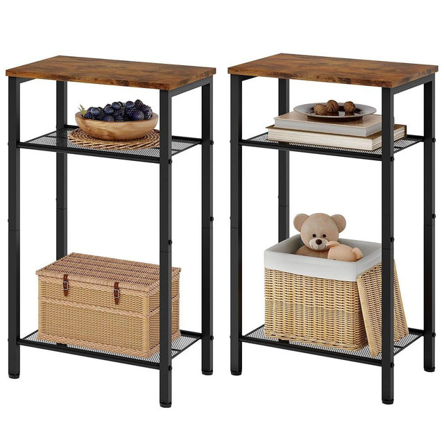 Hoctieon 2-Set 3 Tier End Table, Telephone Table Set of 2, Tall Side Table with Storage Set of 2, Small Nightstand for Small Spaces, Metal Frame, for Living Room, Bedroom, Sofa Couch, Rustic Brown