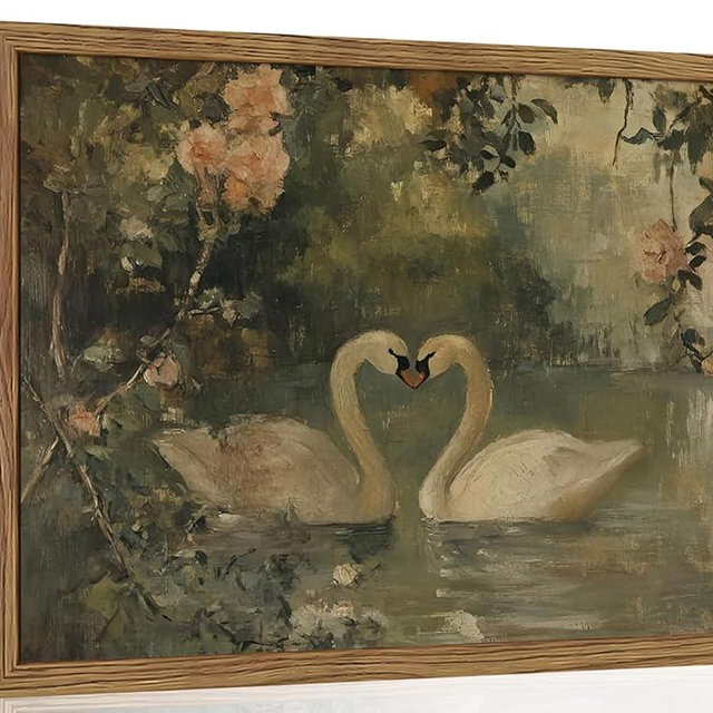 Vintage Swan Wall Art, Antique Swan Art Print, Rustic Farmhouse Romantic Decor, Cottagecore Animal Oil Painting, Aesthetic Swans Picture Wall Decor for Bedroom Living Room 16x24 inch Wood Framed