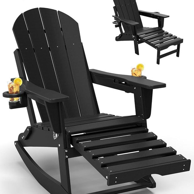 NAVINE Adirondack Rocking Chair with Retractable Ottoman, All Weather Folding Adirondack Chair with Two Cup Holders, HDPE Adirondack Outdoor Rocking Chairs for Porch, Patio, Balcony. Black