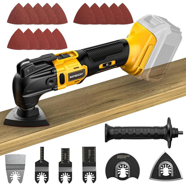 NATBEESY Oscillating Multi Tool Compatible with De-walt 20V Max Battery: Cordless Oscillating Tool - 6 Speed 21000 OPM | Brushless Motor | Woodcutting Blades and Sanding Pad with Sheets | Tool Only