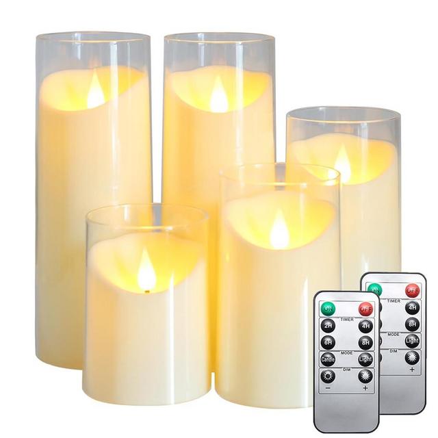 MUMCHASI Ivory LED Flameless Pillar Candles Battery Operated with Remote and Timer, LED Candles Set of 5 (D 3"×H 4" 5" 6" 8" 8") Plexiglass Flickering Candles Christmas Candles