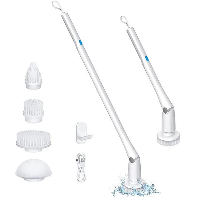 KGDJS Electric Spin Scrubber, 360 Cordless Shower Scrubber, Electric Spin Cleaner with 4 Replaceable Shower Cleaning Brush Heads and 1 Extension Arm for Tub, Tile, Kitchen, Bathroom