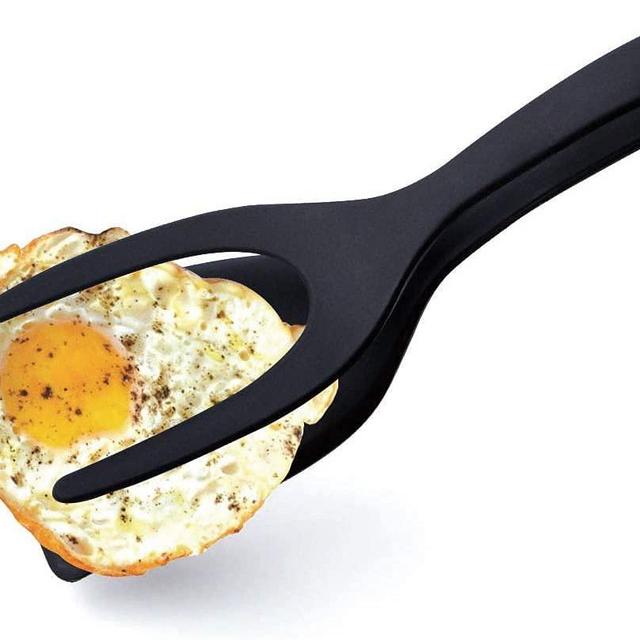 2 in 1 Egg Spatula, Silicone Fried Egg Grip Flip Tongs, Double Sided Spatula Turner, Multi-purpose Non-Stick Kitchen Shovel for Bread Fish Pancake Toast (A) (Black)