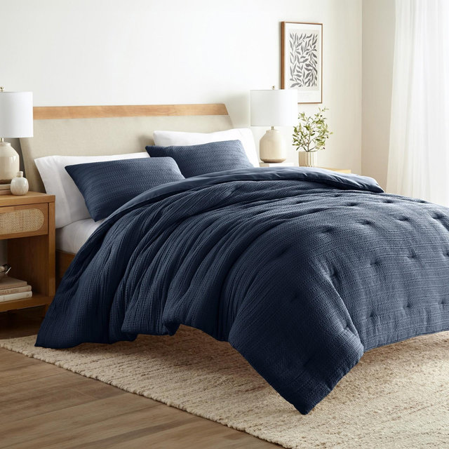 Waffle Textured Comforter Set All Season Down-Alternative Ultra Soft Bedding - Becky Cameron, Navy, Full/Queen