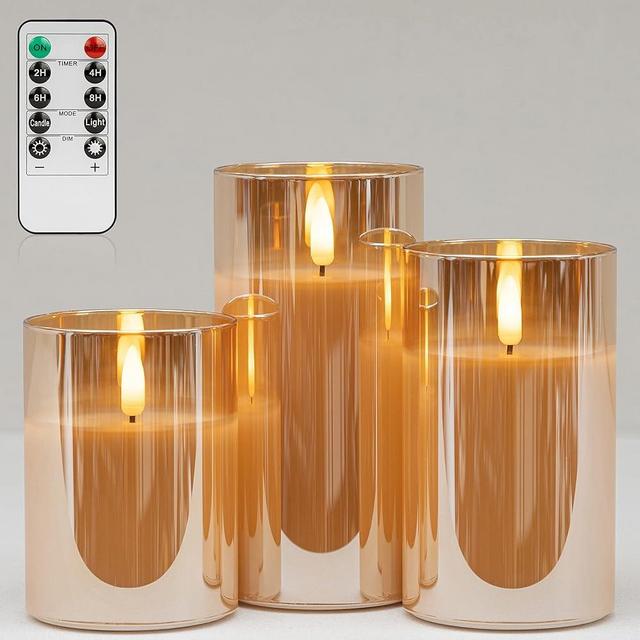 ANGELLOONG Glass Flickering Flameless Candles with Remote, Battery Operated Candles with Timer, Fake LED Pillar Candles for Home Fireplace Mantle Bathroom Decor, Gold