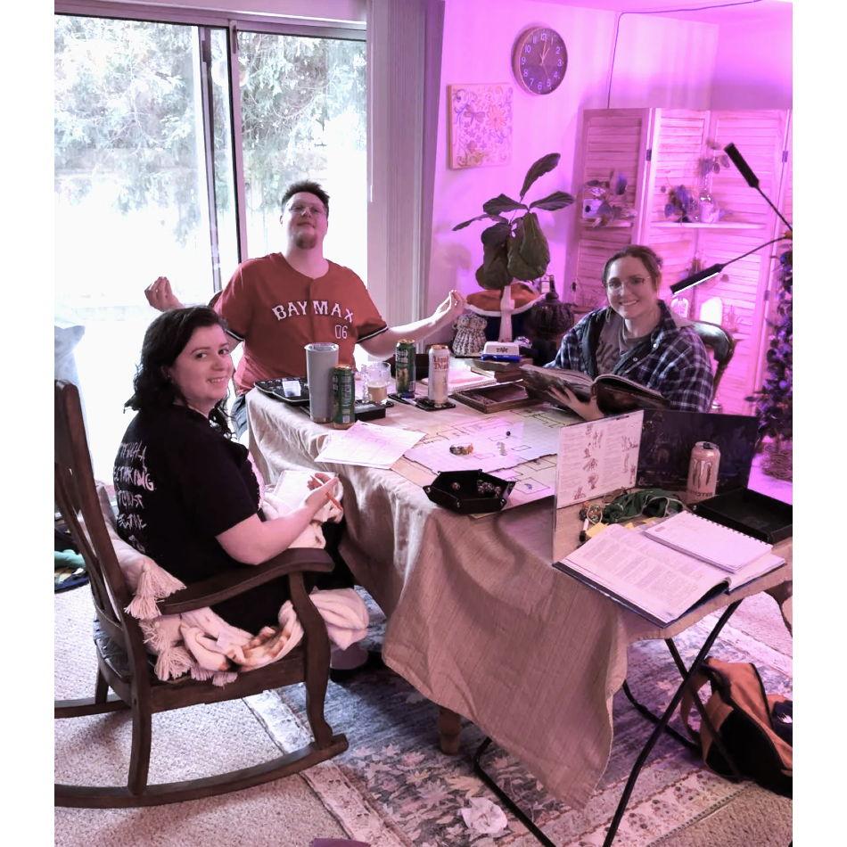 A winter D&D session with Crystal B. next to Gee and Dani. Dane is off somewhere else...