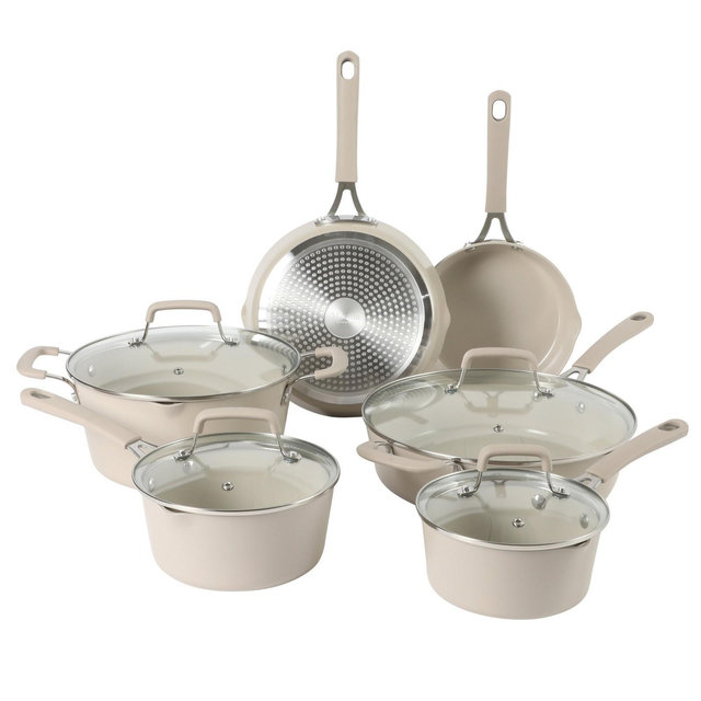 Martha Stewart Heathland Nonstick Ceramic Interior 10-Piece Aluminum Cookware Set - Linen White