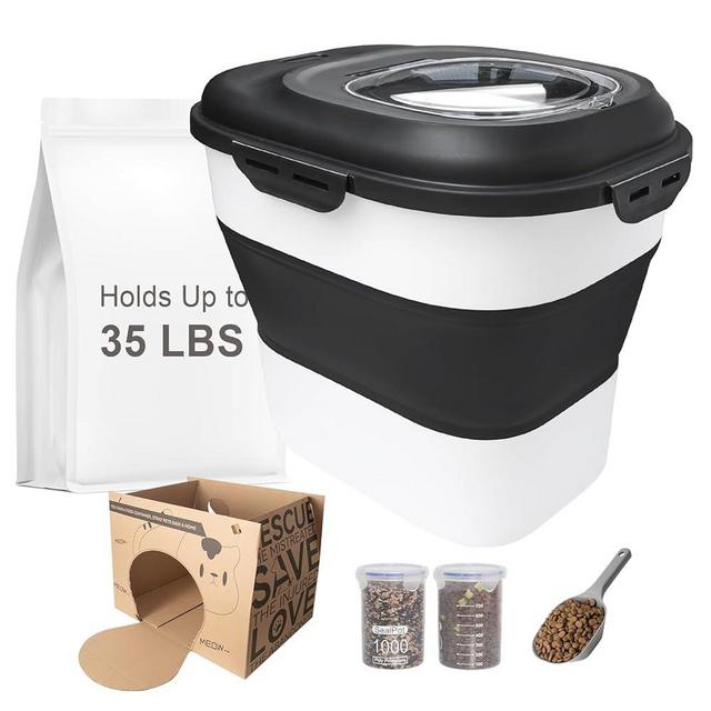 HOYTAMDAR 35LBS Collapsible Dog Food Storage Container, Pet Dog Pantry Large Containers Bin with Wheels,Scoop & 2pcs Food Storage Containers, Kitchen Cereal Flour Rice Leakproof Dry Holder-Black