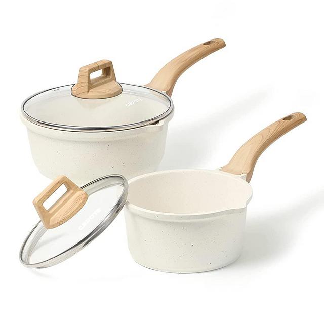 CAROTE 1.5 Quart and 2.4 Quart Saucepan Set with Lid Nonstick Sauce Pot Cooking Pot with Pour Spout, PFOA FREE (White Granite, 4 Pieces Set)