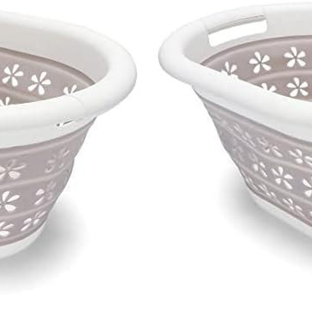 Camco Collapsible Laundry Basket | Features Simple Pop-Open & Collapse-Down Design | Waterproof for Easy Clean-Up | Measures 14.5” x 19.75” x 2.5”/10” Collapsed/Expanded, Taupe & White (51951)