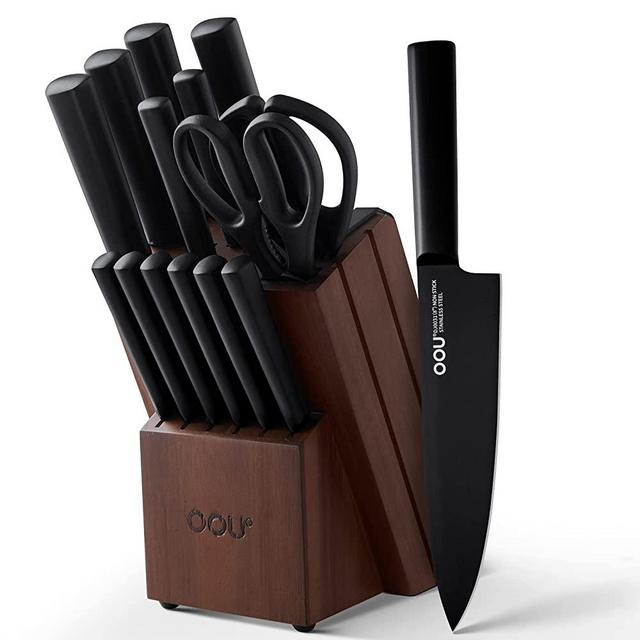 OOU Kitchen Knife Block Set - 15 Pieces High Carbon Stainless Steel Chef Knife Sets, Anti-Rust Black Knives Set with Built-in Sharpener Block, Walnut