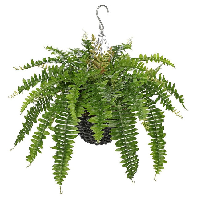 Hollyone 21" Artificial Boston Fern Hanging Basket 31 Leaves Fake Ferns in Rattan Pot Medium Greenery Plants for Outdoors & Indoor Faux Fern Bush Basket Plant Patio Garden Home Decor Green