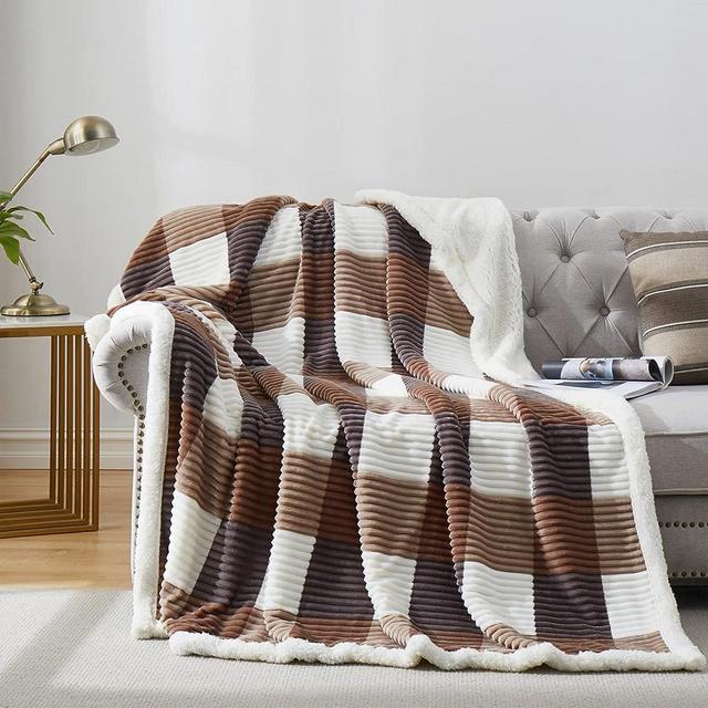 PU MEI Sherpa Blanket Queen Plaid Thick Bed Blanket, 80”*90” Super Soft Flannel Fuzzy Fleece Reversible Velvet Plush Warm Blanket for Couch (Beige Check)