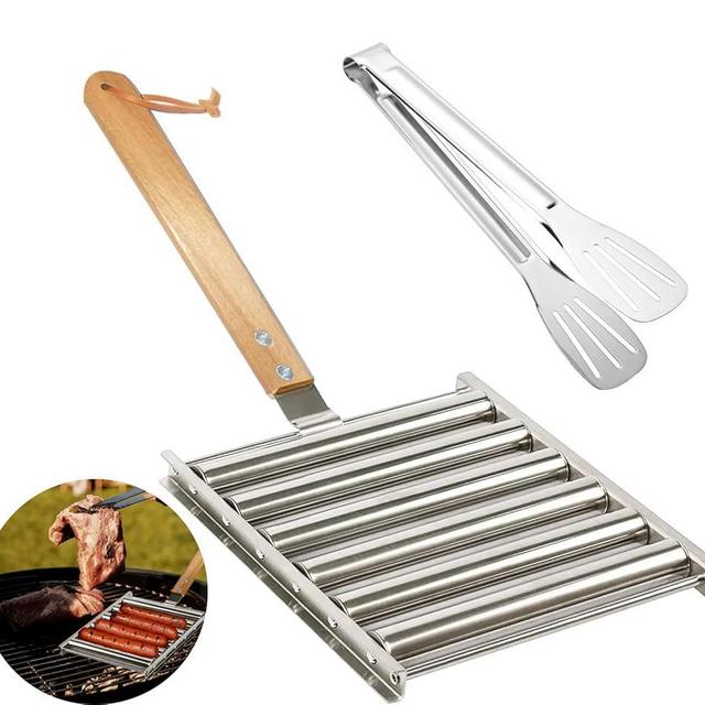 Hot Dog Roller Stainless Steel Sausage Roller Rack with Extra Wood Handle,BBQ Hot Dog Griller for Evenly Cooked Hot Dogs,5 Hot Dog Capacity,Grill Accessories with Tongs