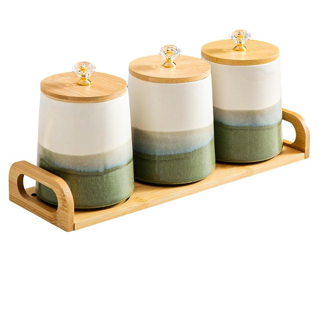 Kimdio Ceramic Canisters Set with Airtight Lids, 22 oz Coffee Canisters Sets for the Kitchen, Large Jars for Flour, Sugar, Pasta, Coffee, Cookies, Tea - Set of 3 - Green and White