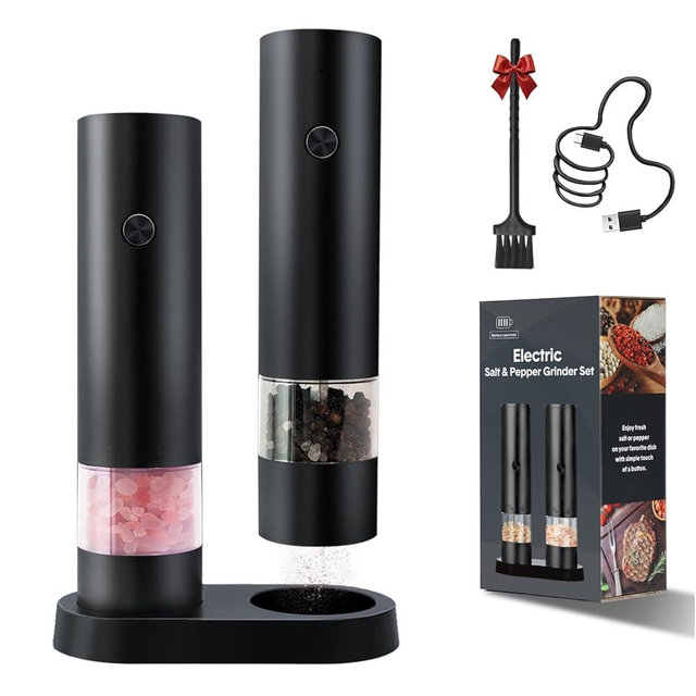 Electric Salt and Pepper Grinder Set, Rechargeable Automatic Salt and Pepper Shakers, One-Handed, Adjustable Coarseness, Pepper mills with stand, Seasoning Tools for Kitchen, Home Gifts