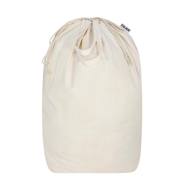 CALACH Canvas Laundry Bags with Handles & Square Base 13.8"x 13.8", Large Heavy Duty Laundry Hamper Bag, College Dorm Washable Drawstring Cotton Dirty Clothes Sack (Beige,1 Pack)