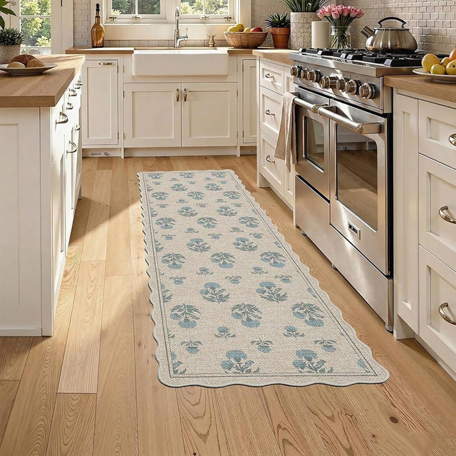 ORTIGIA Scalloped Easy Jute 2x6 Kitchen Runner Rug Vintage Blue Floral Farmhouse Washable Rug Non-Slip Outdoor Carpet for Entryway Indoor Hallway Patio Laundry Room