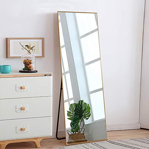 NeuType Rectangle Floor Mirror Full Length Mirror with Standing Holder Hanging Mirror Wall-Mounted Dressing Mirror (Golden (59"x20"))