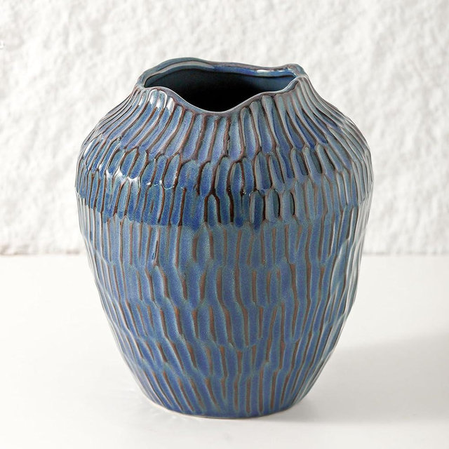 Blue Ceramic Vase for Home Decor,7.8 Inch Flower Vases，Decorative Vase for Pampas Grass，Modern Art Texture Vases for Home Entryway Living Room Dining Table Farmhouse Office Decor- Blue