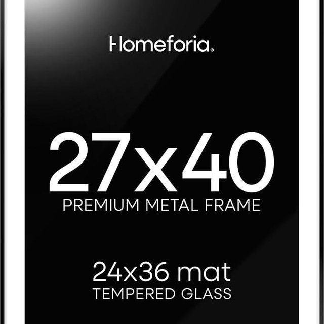 Homeforia 27x40 inch Poster Frame Black, High End Metal 27 x 40 Large Movie Picture Frames with Mat 24 by 36 in Photo, 27x40 Thin Frame Matted to 24x36, 40x27 Frame, Tempered Glass, Wall Kit, Set of 1