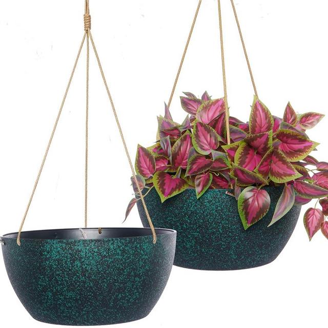 SwinDuck 13 Inch 2 Pack Large Hanging Planters for Indoor Outdoor Plants, Plastic Hanging Basket Pots for House Plants Flowers, Black Speckles