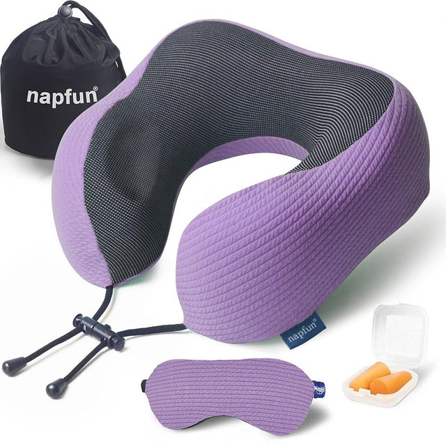 napfun Neck Pillow for Traveling, Upgraded Travel Neck Pillow for Airplane 100% Pure Memory Foam Travel Pillow for Flight Headrest Sleep, Portable Plane Accessories, Striped Light Purple Set