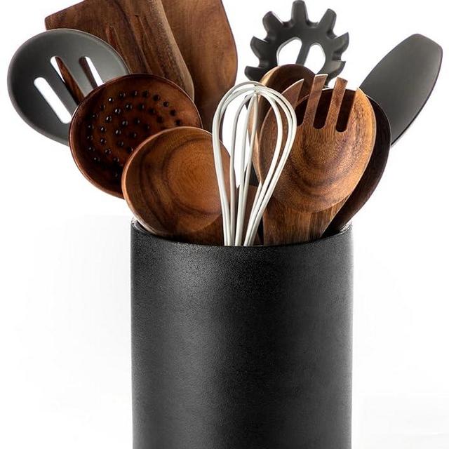Nucookery Utensil Holder, 6.4" Ceramic Kitchen Utensil Holder with Countertop-Protection Cork Bottom, Farmhouse Kitchen Decor for Counter (Stone Black)