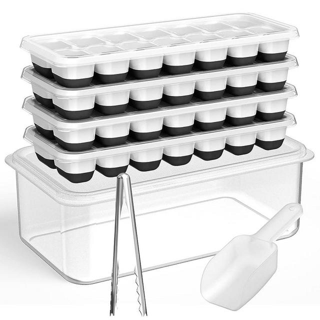 DOQAUS Ice Cube Tray with Lid and Bin, 4 Pack Silicone & Plastic Ice Cube Trays for Freezer with Ice Box, Ice Trays with Ice Container, Stackable Ice Tray with Storage Ice Bucket Bin, Ice Tong & Scoop