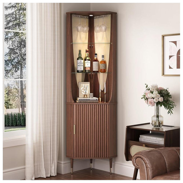 70" Tall Corner Bar Cabinet, Mid-Century Modern Fluted Storage Cabinet with Glass Shelves, Door & LED Lighting, Space-Saving Liquor Cabinet for Living Room, Kitchen, or Dining Room, Walnut